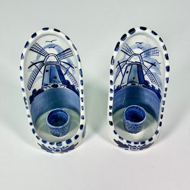 1950s Vintage Holland Delft Boho Chic Handpainted Candleholder Wall Sconces - A Pair. For Sale - Image 9 of 15