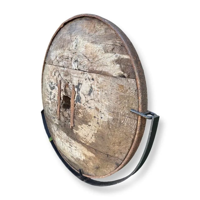 Antique Carved Wooden Wagon Wheel Sculpture Mounted on Iron Base. For Sale - Image 4 of 5