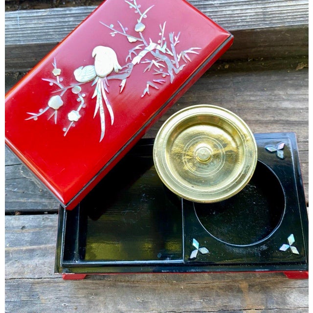 Vintage Japanese Red Lacquer Smoking Box With Mother-of-Pearl Birds and Brass Ash Receiver For Sale - Image 12 of 16