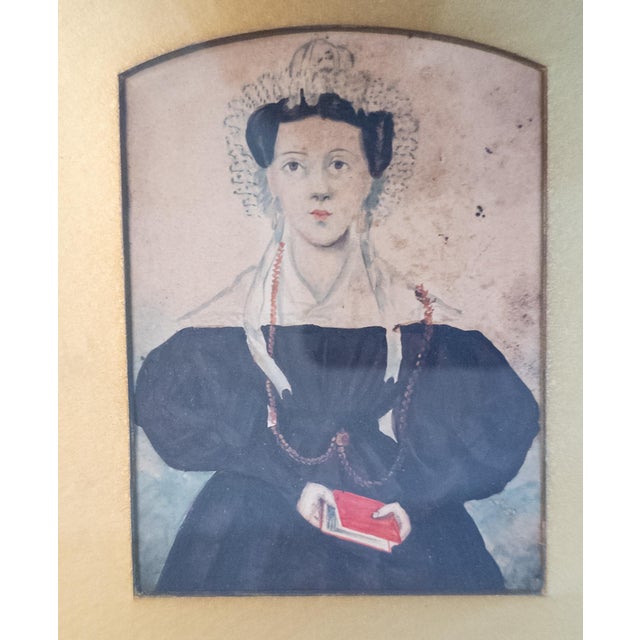 19th Century Folk Art Americana Miniature Double Portrait Water Color Paintings For Sale In New York - Image 6 of 12