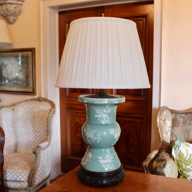 Chinese Celadon Pâte Sur Pâte Botanical Ku Vase Lamp For Sale - Image 4 of 11