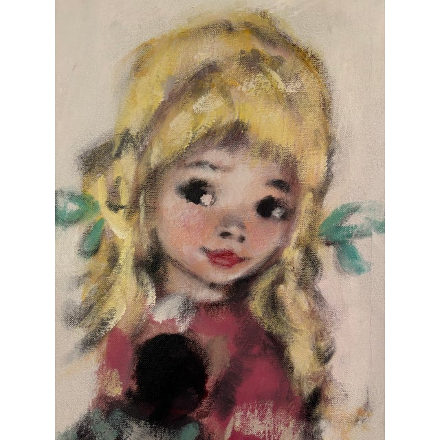 Mid-Century Modern Vintage Koros Original Oil Painting “Portrait of a Child” Big Eye Waif Art, Framed For Sale - Image 3 of 12