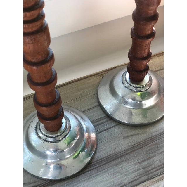 Sienna Vintage Mexican Wood & Aluminum Tall Candlestick Holders For Sale - Image 8 of 9