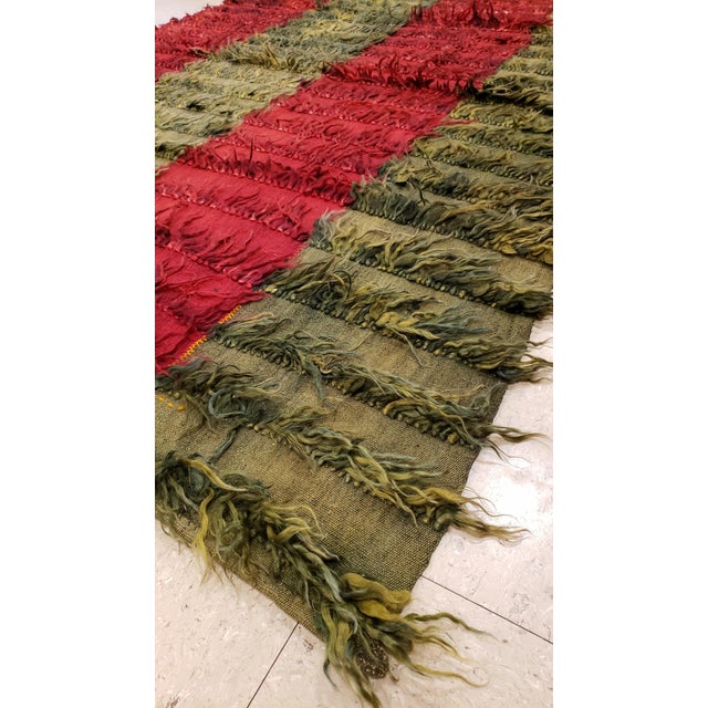 Vintage Turkish Tulu Rug, Long hair Angora wool, Green and Red For Sale - Image 4 of 13
