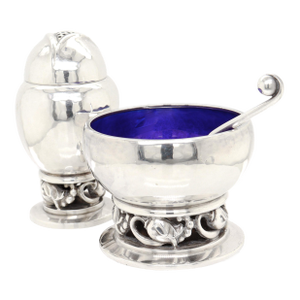 Signed Georg Jensen Sterling Silver Blossom Pepper Shaker & Salt Cellar Pair #2a