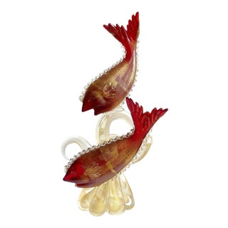 Vintage Murano Red Fish Gold Flecks Coral Reef Tendrils Italian Art Glass Centerpiece Sculpture For Sale