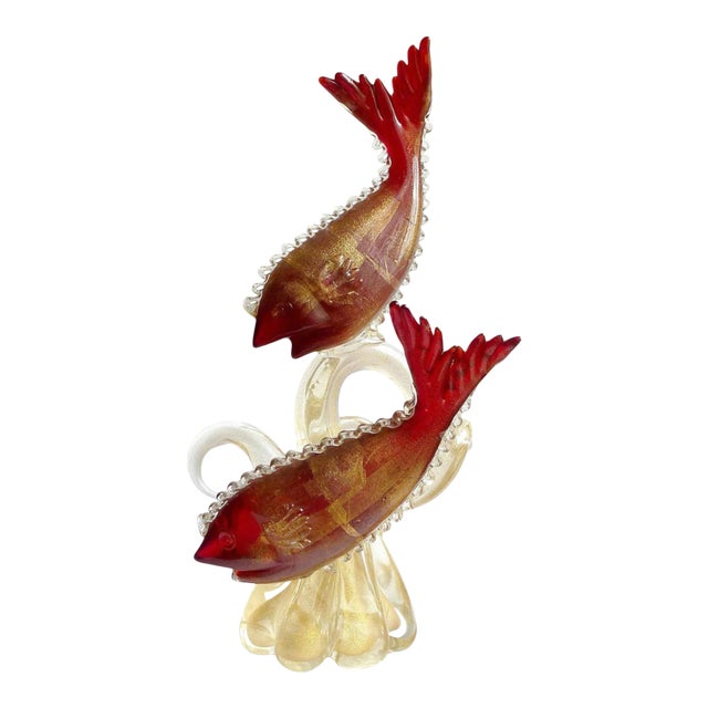 置物 Murano Italy Antique Vintage Murano Red Fish Gold Flecks Coral Reef Tendrils