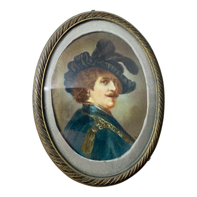 Antique 1800's Original Hand Painted Miniature Rembrandt Portrait Bronze Framed For Sale