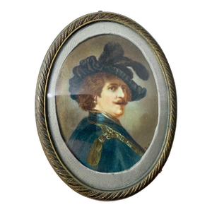 Antique 1800's Original Hand Painted Miniature Rembrandt Portrait Bronze Framed