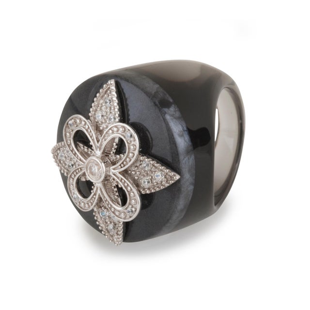 Miriam Salat "St Tropez "ring features translucent bottle green, ocean blue and grey resin with vintage sterling silver....