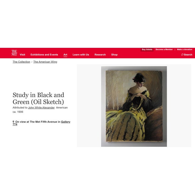 Oil Portrait of Woman in Green and Black, After John White Alexander For Sale In New York - Image 6 of 7