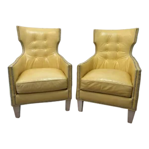 Massoud Yellow Leather Wingback Club Chairs - Set of 2