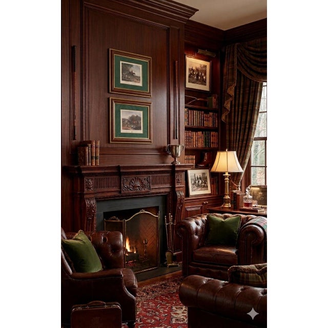 A striking pair of vintage R.B. Davis fox‑hunting prints, beautifully framed and matted in a deep forest‑green marbelized...