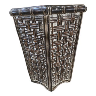 Late 20th Century Faux Bamboo and Woven Wicker Wastebasket Trash Can For Sale