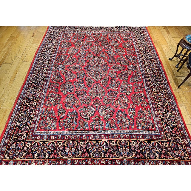Red Antique Persian Sarouk Area Rug, Hand-Knotted Wool, Allover Floral Pattern, 9x11, Red & Navy For Sale - Image 8 of 16