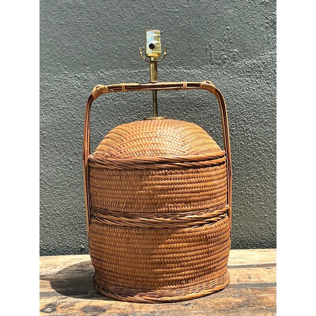 Vintage Woven Rattan Basket Lamp For Sale - Image 9 of 12