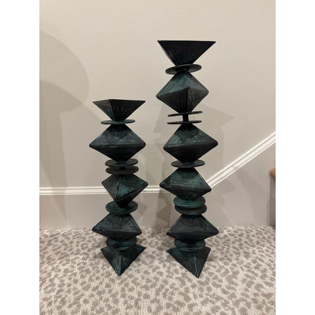 Verdigris Monumental Signed Modernist/Brutalist Sculptural Candlesticks in Verdigris Patinated Bronze, 1970s, a Pair For Sale - Image 8 of 12