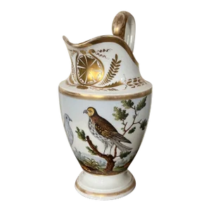 Antique Early 19th Century French Empire Paris Porcelain Ewer Milk Pitcher With Hand Painted Birds - Hawk and Dove or Pigeon