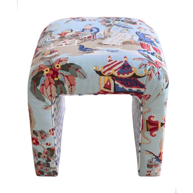 Professionally upholstered custom waterfall bench in Xian fabric by Brunschwig & Fils. High high-end, Chinoiserie-style...