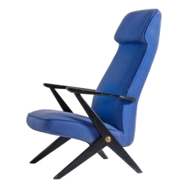 Vintage Italian Blue Armchair in Wood and Fabric, 1950s For Sale