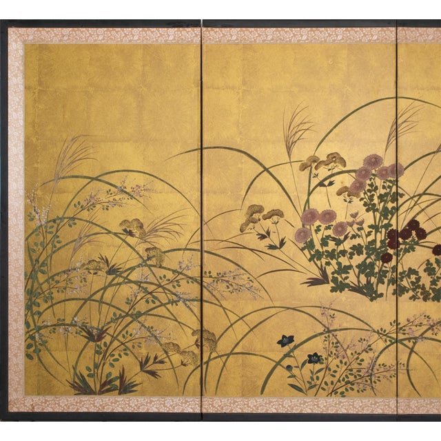 Lovely Shōwa Era 4-panel Japanese hand painted Byobu (folding screen), depicting Chrysanthemums and other flowers, and...