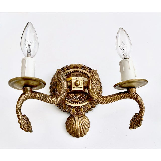 Set 6 Neoclassic Dolphin Shell Brass Wall Sconces For Sale In Palm Springs - Image 6 of 13