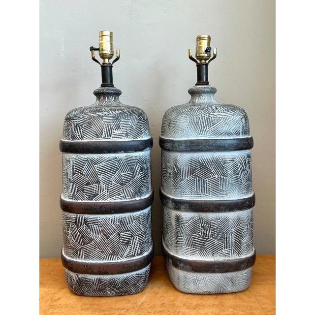 Late 20th Century Vintage Geometric Ceramic Table Lamps - Pair For Sale - Image 5 of 12