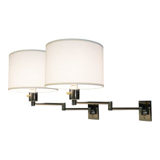 Matched Pair of George Hansen NY Chrome Swing Arm Extension Wall Lamps Metalarte 1950's Spain For Sale