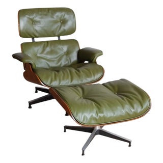 Herman Miller Eames Lounge Chair and Ottoman, Green Leather, 1960s For Sale