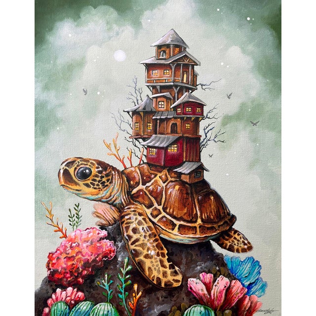 Humble Abode by Patrick Maxcy | Acrylic on canvas Turtle with a house on its back in a colorful underwater scene. For Sale