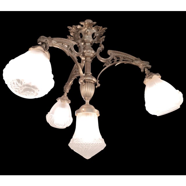 Metal 19th Century French Medieval Gothic Revival Bronze Four-Light Chandelier with Frosted Glass with Gryphons Gargoyles Dragons, 1890s For Sale - Image 7 of 13