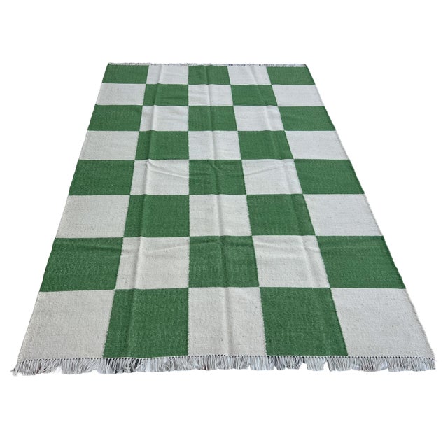 Handmade Woolen Flat Weave Rug, Moss Green and White Checker Board Dhurrie - 5'x8' For Sale - Image 9 of 12