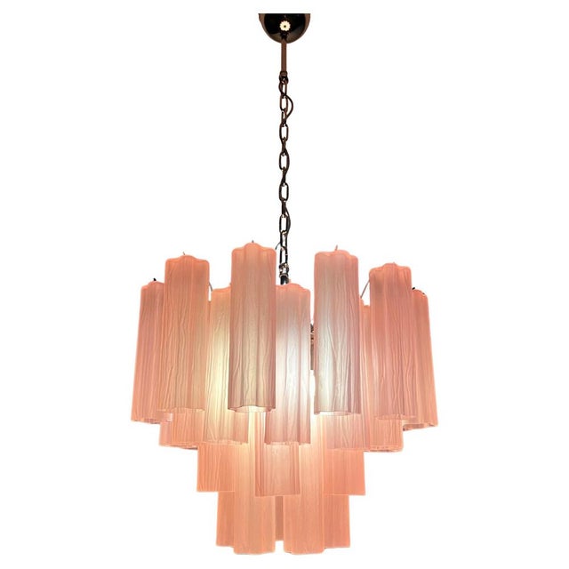 Italian vintage chandelier in Murano glass and nickel-plated metal structure. The armor polished nickel supports 36 large...