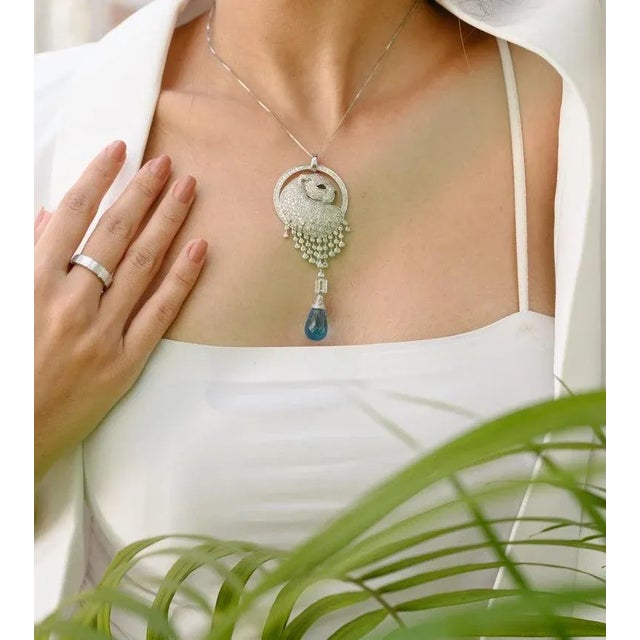 White 5.1ct Diamond Panther Pendant in 14k White Gold With 16.67ct Blue Topaz For Sale - Image 8 of 12