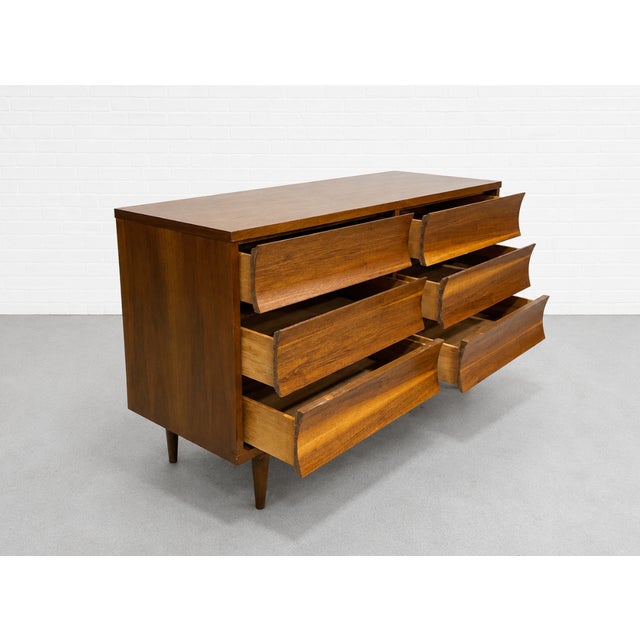 Brown Mid Century Modern Walnut Lowboy Dresser | Sculpted Front 6 Drawer Credenza | Refinished Vintage MCM Bedroom Storage Cabinet, C. 1960’s For Sale - Image 8 of 16