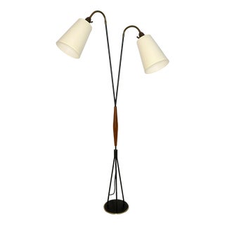 2-Arm Floor Lamp in Teak, Brass and Black Steel attributed to Svend Aage Holm Sørensen, Denmark, 1950s For Sale