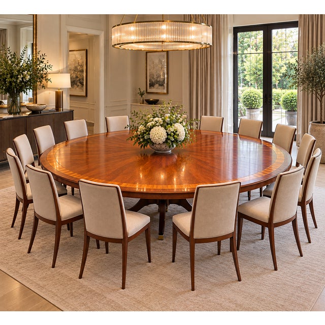 An exceptional monumental antique mahogany and yew wood crossbanded circular centre dining table dating to circa 1920,...