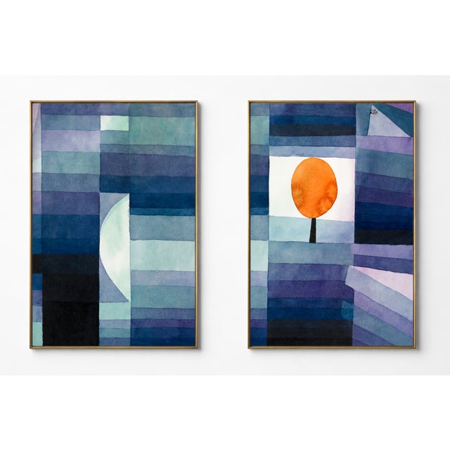 Paul Klee The Harbinger of Autumn diptych art prints featuring blue geometric forms and an orange tree, adapted from the...