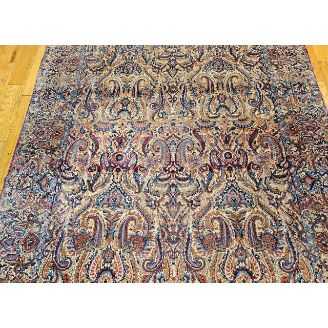 Antique Kerman Lavar Rug, Hand-Knotted Wool, All-Over Floral Pattern, Ivory & Blue, 9x12 For Sale - Image 10 of 16