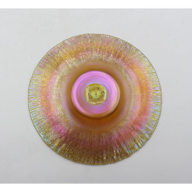 American Circa 1910 American Set of Four Quezel Iridescent Gold Art Glass Finger Bowls and Undertrays For Sale - Image 3 of 13