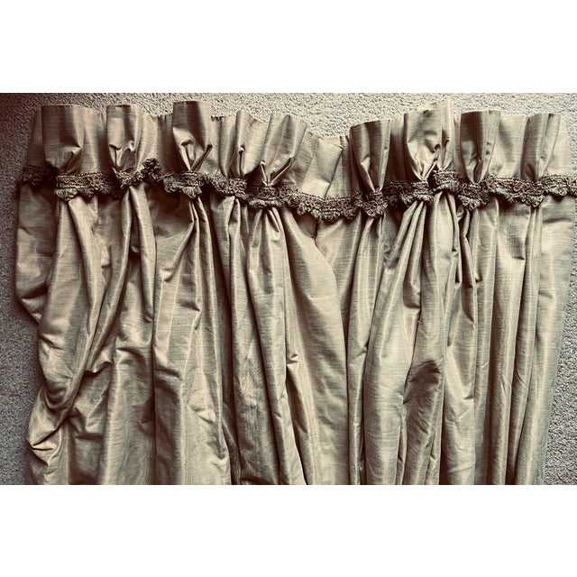 Custom Gold Silk Curtain Panels-Silk Trim-Lined-a Pair For Sale - Image 4 of 5