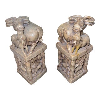 Early 20th Century Pair of Chinese Hand Carved Soapstone Water Buffalo Bookends For Sale