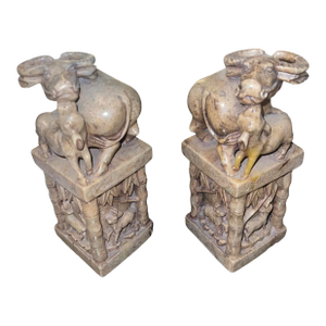 Early 20th Century Pair of Chinese Hand Carved Soapstone Water Buffalo Bookends