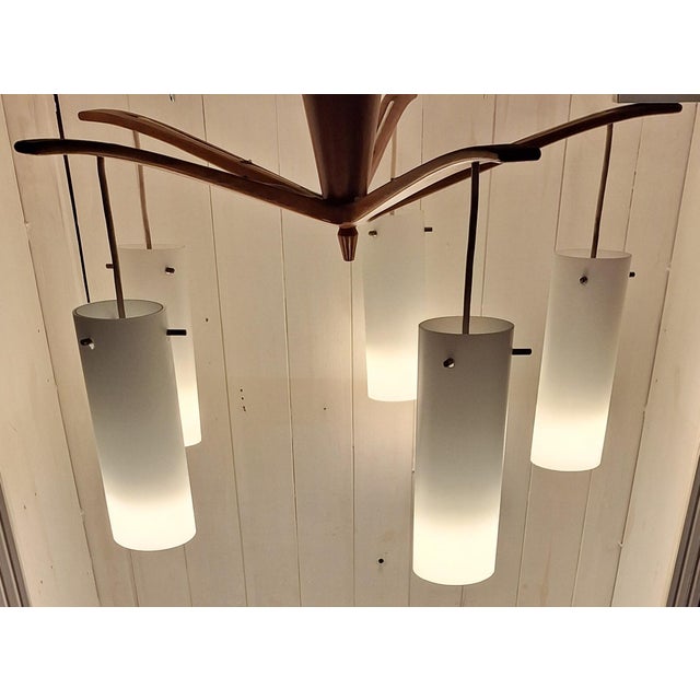 Metal Vintage Mid-Century Danish Five-Light Ceiling Cascade Lamp with Teak Frame and White Satin Glass Shades, 1960s For Sale - Image 7 of 12