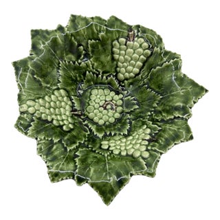 Vintage Caldas Portugal Majolica Pottery Green Grapes Leaves Bowl Jay Wilfred For Sale