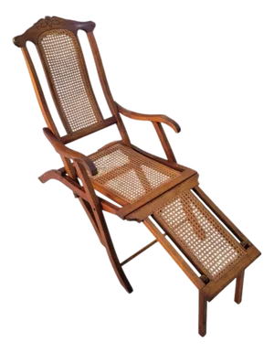 C1890's Antique Mahogany Cane Steamship Liner Folding Deck Lounge Chair