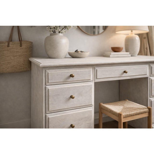 Vintage Solid Pine Scandinavian Style Limewash Double-Pedestal Writing Desk For Sale - Image 11 of 12