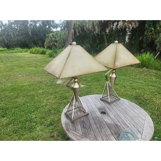 Mid-Century Modern 1950s Mid-Century Modern Atomic Brutalist Majestic Lamp Set ~ Original Fiberglass Shades For Sale - Image 3 of 18