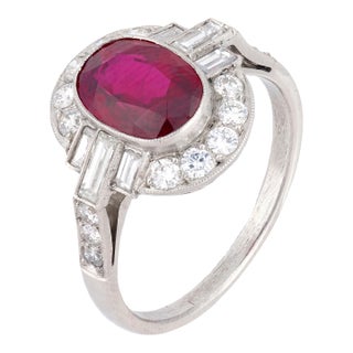 Mid 20th Century Gia 1.95 Carat Oval Cut Ruby Diamond Platinum Ring, Size 6.25 For Sale