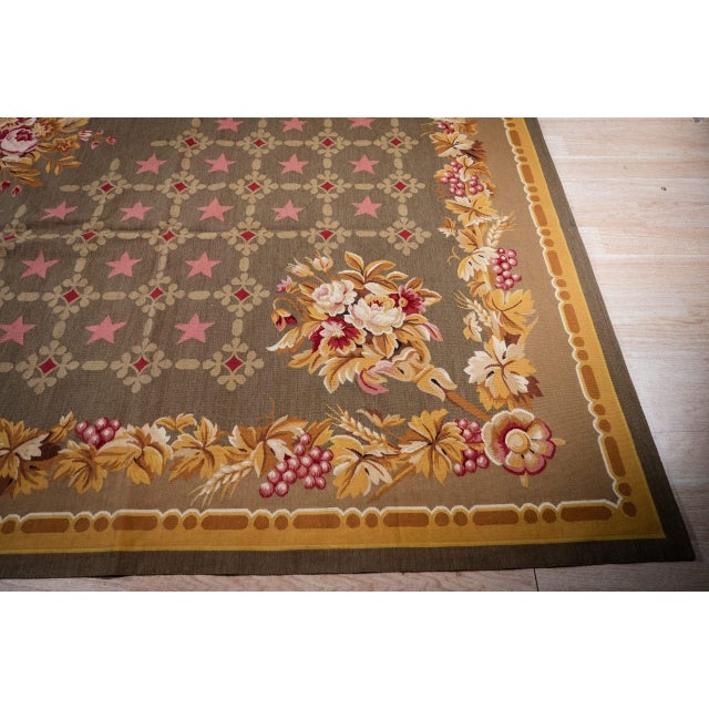 9x12 Vintage Aubusson Flat Weave Wool Rug, Olive Green Star Lattice For Sale In New York - Image 6 of 15